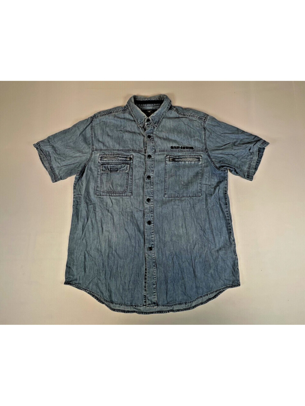 Harley-Davidson Men XL Blue 100% Cotton Short Sleeve Denim Shirt Vintage